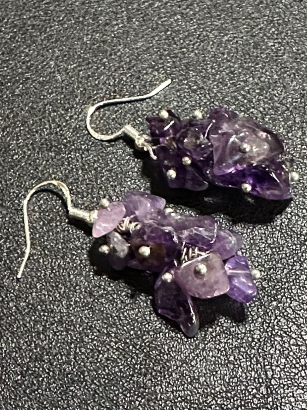 Polished Purple Amethyst Chip Cluster Drop Earrings 925 Wire Back